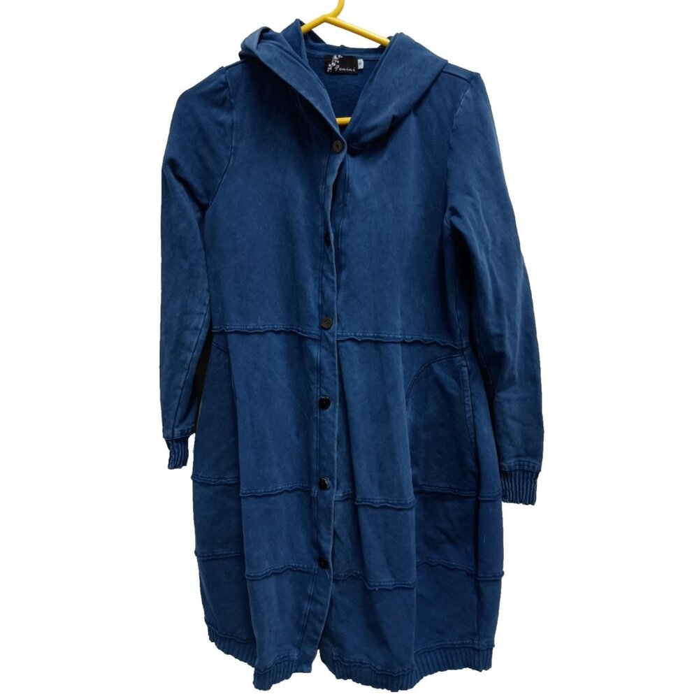 Fenini Lagenlook BOHO Jacket Womens Small Blue Tiered Hooded Button Front Casual